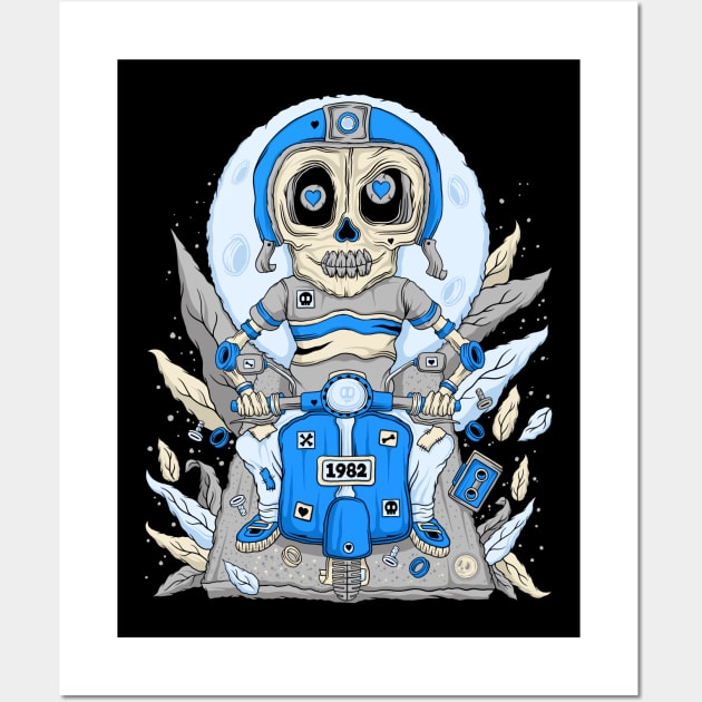 Skeleton Blue Helmet Scooter Forest Hearts Leaves Ride Along Wall Art by BluCranium